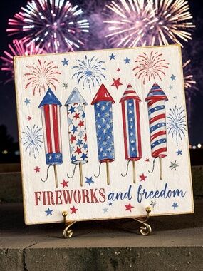 Hand Crafted Fireworks and Freedom Decorative Ceramic Coaster Stone White 4”